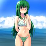  00s 1girl black_eyes blush bra breasts cleavage embarrassed female green_hair lingerie long_hair mermaid_melody_pichi_pichi_pitch miru ocean outdoors panties shell solo standing striped striped_panties swimsuit touin_rina underwear underwear_only water 