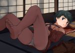  1girl bangs bare_legs barefoot belt black_hair breasts feet green_eyes indoors kantai_collection legs_up long_sleeves looking_at_viewer lying mogami_(kantai_collection) neckerchief no_pants on_back on_floor panties parted_lips sailor_collar shade short_hair shorts_removed sliding_doors small_breasts soles solo tatami thighs toenails tooku_nomura_(artist) unbuckled_belt underwear white_panties 
