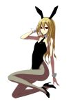  1boy afuro_terumi animal_ears arm_up bad_id blonde_hair bunny_girl bunnysuit crossdressinging fishnet_pantyhose fishnets high_heels highres inazuma_eleven inazuma_eleven_(series) long_hair male_focus necktie pantyhose rabbit_ears red_eyes s_tanly shoes simple_background solo trap wrist_cuffs 