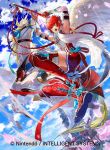  1girl boots company_connection copyright_name dress fire_emblem fire_emblem_cipher fire_emblem_if garter_straps gloves hinoka_(fire_emblem_if) holding holding_weapon naginata open_mouth pegasus pegasus_knight petals polearm redhead scarf short_hair solo thigh-highs thigh_boots weapon wings zettai_ryouiki 