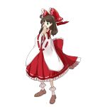  1girl absurdres bare_shoulders bobby_socks bow brown_eyes brown_hair commentary_request detached_sleeves full_body hair_bow hakurei_reimu hands_up highres long_hair long_sleeves own_hands_together red_bow red_skirt red_vest simple_background skirt skirt_set socks solo standing touhou usayoshi_(touhopu2) vest white_background wide_sleeves 