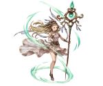  1girl arm_guards armlet bare_shoulders blonde_hair breasts collar dress feathers full_body granblue_fantasy hand_on_own_chest headdress holding jewelry long_hair minaba_hideo petra_(granblue_fantasy) sandals simple_background solo staff white_dress yellow_eyes 