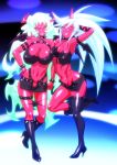  2girls aqua_hair arm_behind_head arm_up bare_shoulders boots breasts chiba_toshirou cleavage demon_girl female full_body glasses green_hair hand_on_hip high_heel_boots high_heels horns huge_breasts kneesocks_(psg) large_breasts legs long_hair midriff multiple_girls navel panty_&amp;_stocking_with_garterbelt red_skin scanty_(psg) shoes smile standing standing_on_one_leg thigh-highs very_long_hair 