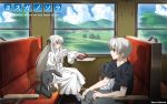  1boy 1girl brother_and_sister highres kasugano_haruka kasugano_sora long_hair official_art pocky scenery siblings train train_interior twins wallpaper yosuga_no_sora 