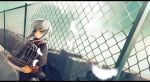  1boy birdcage cage chain-link_fence eyepatch feathers fence grey_hair hinata123 hinata_(hinata123) inazuma_eleven inazuma_eleven_(series) long_hair male_focus red_eyes rooftop sakuma_jirou solo tears 