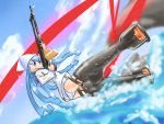  1girl cosplay gun ikamusume laser mitty_(brezza) neuroi ocean one-piece_swimsuit parody rifle school_swimsuit shinryaku!_ikamusume solo strike_witches striker_unit submarine swimsuit tentacle_hair water watercraft weapon world_witches_series 