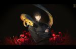  1boy animal black_background black_hair cassock cross crossed_arms fate/zero fate_(series) flower highres hyeona jewelry kotomine_kirei letterboxed long_sleeves looking_to_the_side necklace parted_lips priest red_eyes red_flower rosary shadow slit_pupils smile snake spider_lily upper_body 