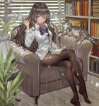  1girl black_legwear book bow brown_eyes cat danann highres lamp legs_crossed long_hair original pantyhose plant shirt solo sparkle thighband_pantyhose unbuttoned 