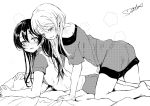  2girls all_fours ayase_eli bangs barefoot bed_sheet blush girl_on_top grin hair_between_eyes hair_down half-closed_eyes highres lilylion26 long_hair looking_at_another looking_back love_live! love_live!_school_idol_project lying monochrome multiple_girls off_shoulder on_stomach open_mouth pillow short_sleeves shorts signature smile sonoda_umi yuri 