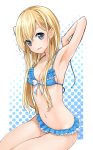  1girl armpits bikini blonde_hair blue_eyes face frilled_bikini frills highres irimo long_hair looking_at_viewer navel sitting smile solo swimsuit 