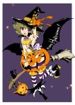  1girl bad_id bat bat_wings blonde_hair broom candy cat fang halloween happy_halloween hat jack-o&#039;-lantern no_panties pumpkin purple_background sanbasou short_hair solo striped striped_legwear thigh-highs violet_eyes wings witch_hat wrist_cuffs 