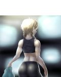  1girl amane_suzuha ass back bike_shorts blonde_hair braid from_behind jacket midriff muscle onsoku_maru solo steins;gate tank_top twin_braids yellow_eyes 