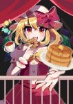  1girl :d adapted_costume bangs blonde_hair blush bow butter buttons candy center_frills commentary_request cookie crystal cup dot_nose eyebrows_visible_through_hair eyelashes fangs fingernails flandre_scarlet flat_chest food frilled_shirt_collar frills hat hat_bow hat_ribbon highres holding holding_cookie holding_food ichigo_mogu_15 looking_at_viewer mob_cap one_side_up open_mouth outstretched_arm pancake plate puffy_short_sleeves puffy_sleeves railing red_bow red_curtains red_eyes red_ribbon ribbon shiny shiny_hair short_hair short_sleeves side_ponytail smile solo standing syrup tea teacup touhou upper_body white_headwear wings wrist_cuffs 