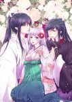  1girl 2boys black_gloves black_hair blush dual_persona female_saniwa_(touken_ranbu) flower gloves hair_flower hair_ornament hakama hand_holding hand_on_another&#039;s_head japanese_clothes mika_mikan multiple_boys open_mouth ponytail saniwa_(touken_ranbu) smile tarou_tachi touken_ranbu violet_eyes white_hair yellow_eyes 