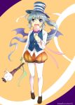  1girl alternate_costume artist_name bat_wings black_vest blush bow bowtie brown_shoes candy fangs food full_body green_eyes grey_hair halloween halloween_costume hat lollipop long_hair long_sleeves looking_at_viewer makuwauri mononobe_no_futo open_mouth pantyhose ponytail puffy_pants purple_bow purple_bowtie shirt shoes solo top_hat touhou vest waistcoat white_legwear white_shirt wings 
