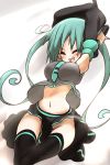  1girl aqua_hair bag blue_hair breasts female hatsune_miku large_breasts midriff navel necktie no_panties sitting skirt smile solo sora_to_umi thigh-highs twintails vocaloid 