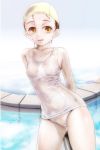  1girl brown_eyes brown_hair highres one-piece_swimsuit original school_swimsuit sevensroom solo swim_cap swimsuit wet white_school_swimsuit white_swimsuit 