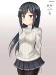  1girl alternate_costume arms_behind_back asashio_(kantai_collection) black_hair blue_eyes blush breasts chestnut_mouth commentary_request eyebrows gradient gradient_background hanazome_dotera kantai_collection long_hair long_sleeves looking_at_viewer medium_breasts miniskirt pantyhose pleated_skirt ribbed_sweater sketch skirt solo sweater translation_request 