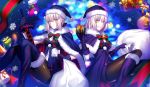  2girls black_gloves black_legwear blonde_hair boots breasts cape dark_excalibur fate/grand_order fate_(series) fur_trim fuyuki_(neigedhiver) gift gloves grin hat highres holding holding_sword holding_weapon jeanne_alter looking_at_viewer multiple_girls pantyhose ruler_(fate/apocrypha) saber saber_alter sack santa_alter santa_hat short_hair smile sword thigh-highs thigh_boots weapon yellow_eyes 
