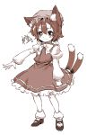  1girl :3 animal_ears brown_hair cat_ears cat_tail chen earrings female hat im_(badmasa) jewelry looking_at_viewer monochrome multiple_tails outstretched_arm short_hair smile solo standing tail touhou 