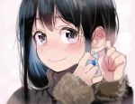  1girl black_hair earrings fur_trim jewelry long_hair looking_at_viewer original simple_background sketch solo sunameri_oishii violet_eyes 