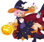  1girl bare_shoulders candy cape detached_sleeves dress estellise_sidos_heurassein food green_eyes halloween_costume hat jack-o&#039;-lantern open_mouth pink_hair shoes short_hair tales_of_(series) tales_of_vesperia witch_hat 