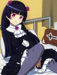  1girl :3 bad_id bag bed black_hair dress gokou_ruri gothic_lolita ito_hajime lolita_fashion long_hair ore_no_imouto_ga_konna_ni_kawaii_wake_ga_nai pantyhose red_eyes solo 