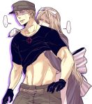  1boy 1girl abs apron axis_powers_hetalia bad_id belarus_(hetalia) belt black_gloves black_shirt blonde_hair blue_eyes bow chest dress femdom germany_(hetalia) gloves hair_bow hair_ribbon hand_on_another&#039;s_chest hat hetero ina_(the_grasshopper_lies_heavy) iron_cross jewelry knife long_hair md5_mismatch military military_uniform molestation muscle necklace open_mouth pants ribbon shaded_face shirt shirt_lift short_hair simple_background sweat trembling uniform violet_eyes weapon 