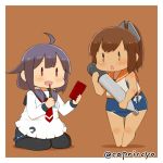  2girls ahoge black_legwear box brown_eyes brown_hair capriccyo chibi dress female food full_body hair_flaps i-401_(kantai_collection) kantai_collection low_twintails magatama multiple_girls neckerchief one-piece_tan pantyhose pocky pocky_day ponytail purple_hair red_eyes sailor_collar sailor_dress school_swimsuit short_ponytail simple_background sitting standing swimsuit swimsuit_under_clothes taigei_(kantai_collection) tan tanline torpedo twintails wariza whale |_| 