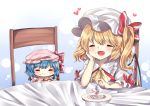  2girls bat_wings blonde_hair blue_hair blush cake chair cheunes chibi chin_rest closed_eyes crystal dress eating fang flandre_scarlet food food_on_face fork hat heart highres long_hair multiple_girls open_mouth plate remilia_scarlet short_hair siblings side_ponytail sisters sitting smile table touhou wings 