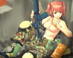  1girl army assault_rifle belt boots breasts camouflage canteen eating erect_nipples food food_in_mouth gun hair_bobbles hair_ornament katayama_makoto kinpika1966 knee_pads m4_carbine medium_breasts midriff pink_hair rations rifle shirt solo tank_top taut_clothes taut_shirt twintails weapon 