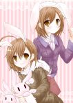  2girls :&lt; :d ahoge animal_ears blush brown_eyes brown_hair casual highres hood hooded_jacket jacket kurose_rena last_order misaka_mikoto multiple_girls open_mouth rabbit rabbit_ears short_hair smile stuffed_animal stuffed_bunny stuffed_toy to_aru_majutsu_no_index 