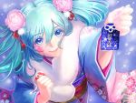  1girl aqua_hair blue_eyes hatsune_miku hetare_oekaki japanese_clothes kimono meusan solo twintails vocaloid 