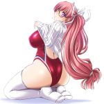  1girl ass blush breasts clothes_lift competition_swimsuit from_behind glasses head_tilt kneeling large_breasts log-mi_(tonpuu) long_hair one-piece_swimsuit original pink_hair ponytail red_swimsuit ribbed_sweater solo sweater sweater_lift swimsuit thigh-highs tonpuu violet_eyes white_legwear white_sweater 