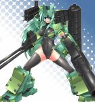  1girl armor armored_core armored_core:_for_answer bangs bazooka black_gloves black_legwear blue_eyes bodysuit breasts covered_navel dual_wielding elbow_gloves emblem erect_nipples fighting_stance foreshortening from_software gloves gradient gradient_background green_hair groin gun hair_between_eyes halftone halftone_background happy_face hips impossible_clothes impossible_leotard large_breasts legs_apart leotard light_smile long_hair may_greenfield mecha_musume ment merrygate outline rifle rocket_launcher shiny shiny_clothes skin_tight smile smiley_face solo standing thigh-highs thighs turtleneck very_long_hair weapon 