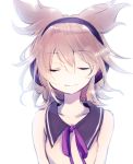  1girl bare_shoulders bloom brown_hair closed_eyes closed_mouth collarbone earmuffs hair_between_eyes makuwauri neck_ribbon pointy_hair purple_ribbon ribbon shirt sleeveless sleeveless_shirt smile solo touhou toyosatomimi_no_miko upper_body white_background 