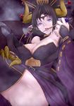  1girl bat bat_(symbol) belt black_hair blue_eyes breasts claws cleavage curvy demon_girl demon_wings digimon digimon_xros_wars earrings erect_nipples eyeshadow female gauntlets hair_ornament hairpin hetero horns japanese_clothes jewelry kannagi_kaname large_breasts licking lilithmon lipstick makeup mole pointy_ears seven_great_demon_lords solo thigh-highs thighs tongue wings 