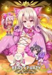  3girls :o animal_ears bent_over black_hair blush bow breasts censored character_censor chibi chloe_von_einzbern cosplay dark_skin dog elbow_gloves fang fate/grand_order fate/kaleid_liner_prisma_illya fate_(series) fur_collar fur_trim gloves hair_ornament hairclip halloween halloween_costume illyasviel_von_einzbern jack-o&#039;-lantern long_hair looking_at_viewer lying miyu_edelfelt multiple_girls navel no_shoes novelty_censor on_back open_mouth pink_hair red_bow red_eyes revealing_clothes shielder_(fate/grand_order) shielder_(fate/grand_order)_(cosplay) small_breasts soukai_(lemonmaiden) spread_legs sweat tail text thigh-highs white_hair wolf_ears wolf_tail yellow_eyes 