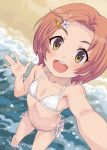  1girl bikini brown_hair flat_chest from_above hair_ornament hairclip idolmaster idolmaster_cinderella_girls looking_at_viewer navel open_mouth partially_submerged perspective ryuuzaki_kaoru self_shot short_hair side-tie_bikini standing swimsuit terumii waves waving white_bikini yellow_eyes 