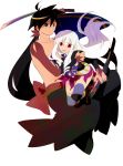  1boy 1girl bad_id brown_eyes brown_hair couple height_difference hetero highres katanagatari long_hair ponytail shichika shirtless simple_background skirt sword thigh-highs togame violet_eyes weapon white_hair yasuri_shichika yume_mizuumi 