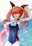  1girl :d armpits drill_hair faris_nyannyan huke maid_headdress one-piece_swimsuit open_mouth red_eyes school_swimsuit smile solo steins;gate swimsuit twintails 