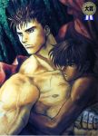  1boy 1girl 90s berserk black_hair casca couple dark_skin guts hetero highres hug muscle nude shirtless 