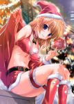  1girl absurdres bell belly belt bikini_top blonde_hair blue_eyes blush boots breasts christmas cleavage coat garters gift grin hat highres holding holding_gift komatsu_eiji long_hair looking_at_viewer midriff miniskirt navel open_clothes open_coat original santa_costume santa_hat sitting skirt smile solo undressing 