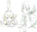  2girls :d beer_can blush can charlotta_(granblue_fantasy) commentary crossover crown cup food fork granblue_fantasy hands_clasped harbin idolmaster idolmaster_cinderella_girls jpeg_artifacts mole mole_under_eye monochrome multiple_girls okosama_lunch open_mouth plate pointy_ears sketch smile spoon table takagaki_kaede zanzi 