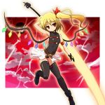  1girl alternate_weapon bardiche blonde_hair cosplay fate_testarossa fate_testarossa_(cosplay) female flandre_scarlet laevatein leotard long_hair lyrical_nanoha mahou_shoujo_lyrical_nanoha parody ponytail red_eyes side_ponytail skirt solo tenjou_ryuka thigh-highs touhou weapon wings 