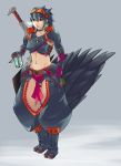  1girl black_hair blue_hair breasts breath capcom chaps choker earrings gloves green_eyes hammer headband jar jewelry long_hair midriff monster_hunter nargacuga_(armor) navel open_mouth potion solo spiky_hair split-toe_footwear weapon 