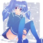  1girl azure_(capriccio) bad_id blue_eyes blue_hair blush imaichi_moenai_ko kobe_shimbun kobe_shinbun panties pantyshot pantyshot_(sitting) school_uniform sitting skirt sleeves_past_wrists snow solo striped striped_panties thigh-highs twintails underwear upskirt 