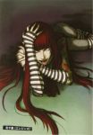  1girl cloe_walsh elbow_gloves fishnet_pantyhose fishnets gloves grasshopper_manufacture highres no_more_heroes no_more_heroes_2 pantyhose redhead solo striped tattoo tongue 