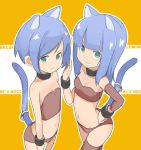  2girls animal_ears aqua_eyes bad_id blue_eyes blue_hair breasts cat_ears cat_tail child cleavage flat_chest from_above hand_on_hip lavender_hair midriff multiple_girls navel original small_breasts smile tail tamakorogashi thigh-highs 