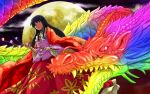 1girl black_hair branch colorful dragon eastern_dragon female houraisan_kaguya jeweled_branch_of_hourai long_hair long_skirt moon shiba_(pixiv) shibasaki_shouji skirt solo touhou